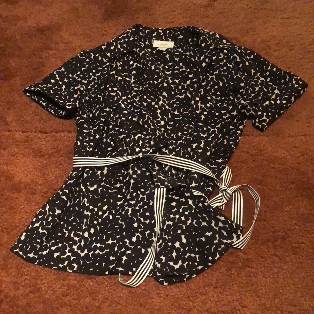 LOFT Navy and Cream Short Sleeve Wrap Blouse